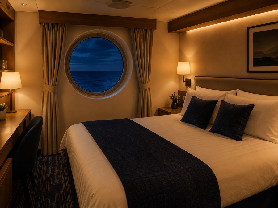 Cabine de navio de cruzeiro com vigia redonda voltada para o mar