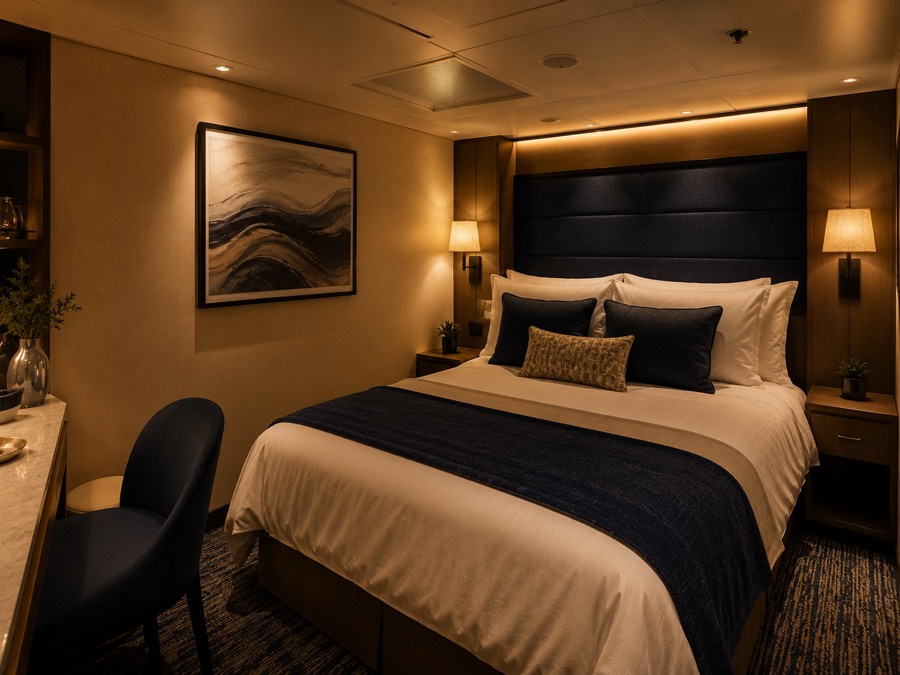Cabine interna genérica de navio de cruzeiro, sem janela, com cama de casal