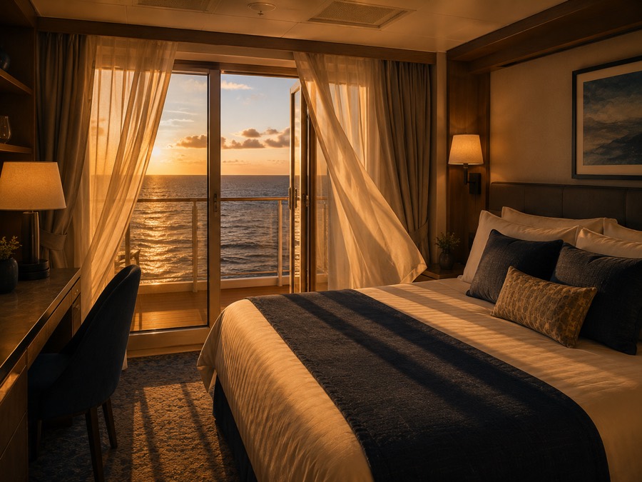 Cabine de navio de cruzeiro com varanda aberta e vista para o mar ao entardecer