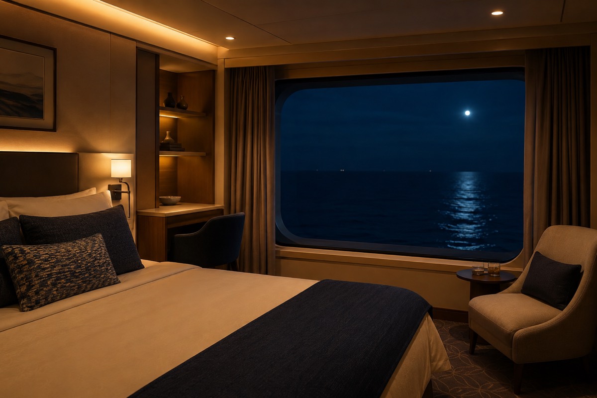 Interior de cabine de navio à noite, com janela grande voltada para o mar escuro