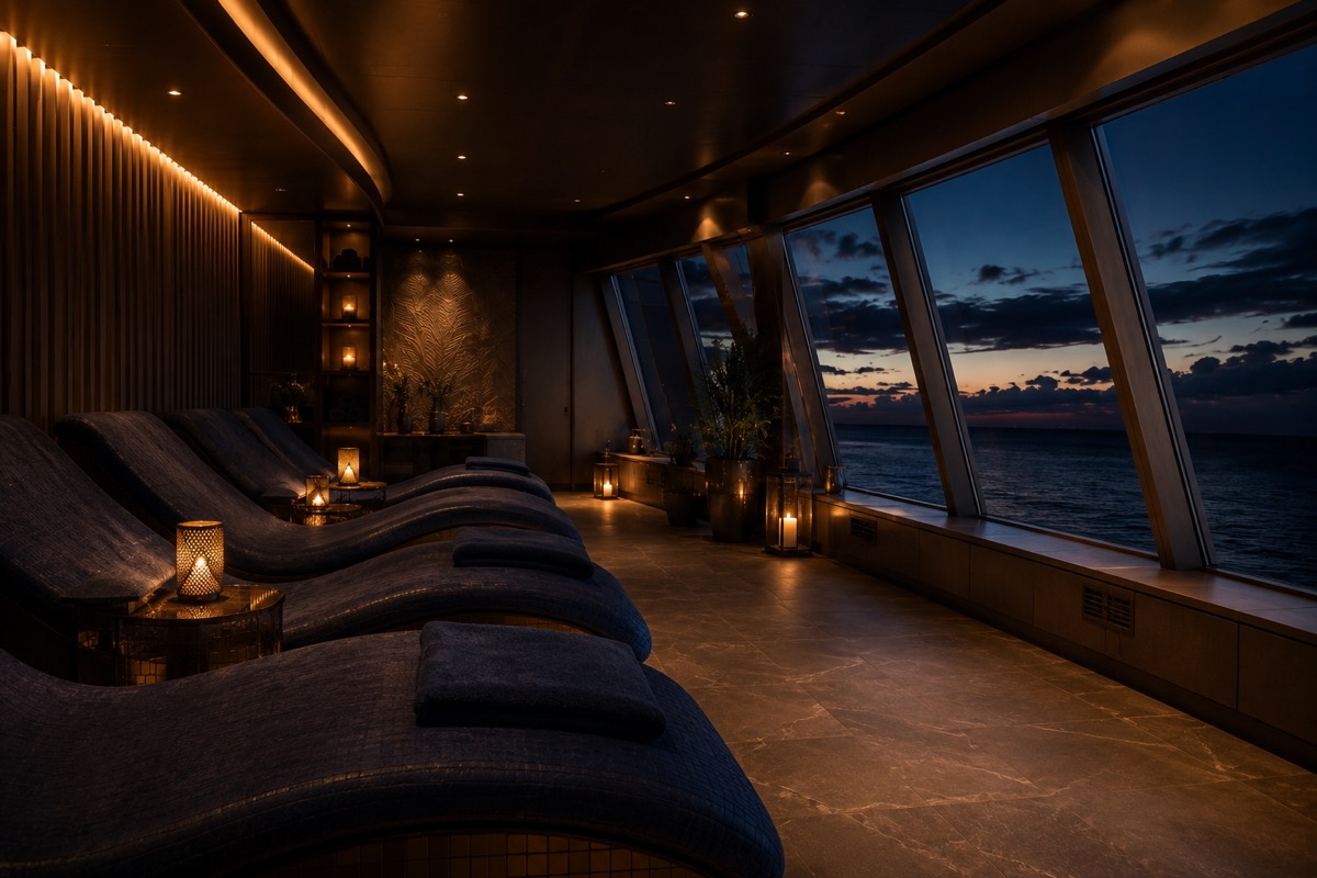 Sala de descanso de navio de cruzeiro com espreguiçadeiras e vista para o mar ao entardecer