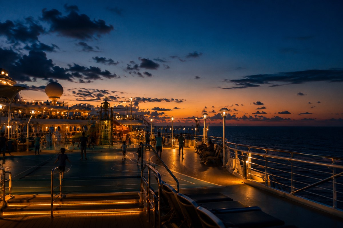 Deque de lazer de navio de cruzeiro ao entardecer, com pessoas caminhando e crianças brincando ao longe