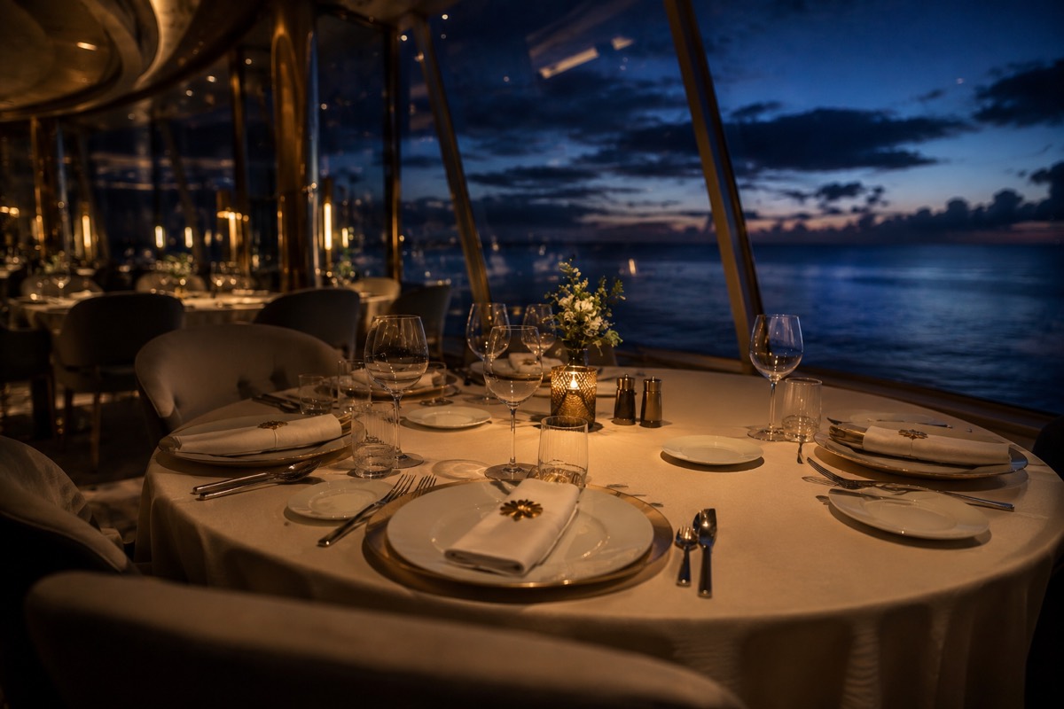 Mesa posta com taças e talheres em restaurante de navio, com vista para o mar ao entardecer