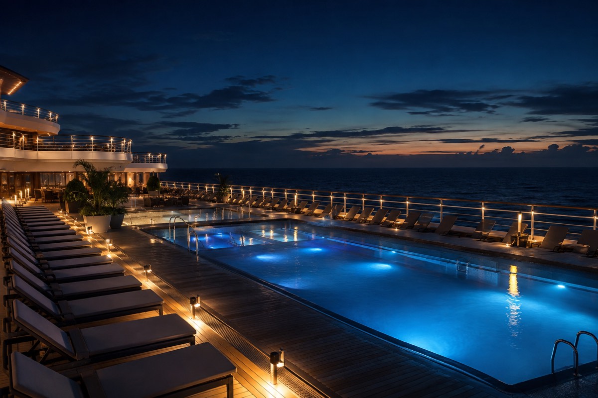 Deque de piscina de navio de cruzeiro iluminado ao anoitecer, com espreguiçadeiras vazias e o mar ao fundo