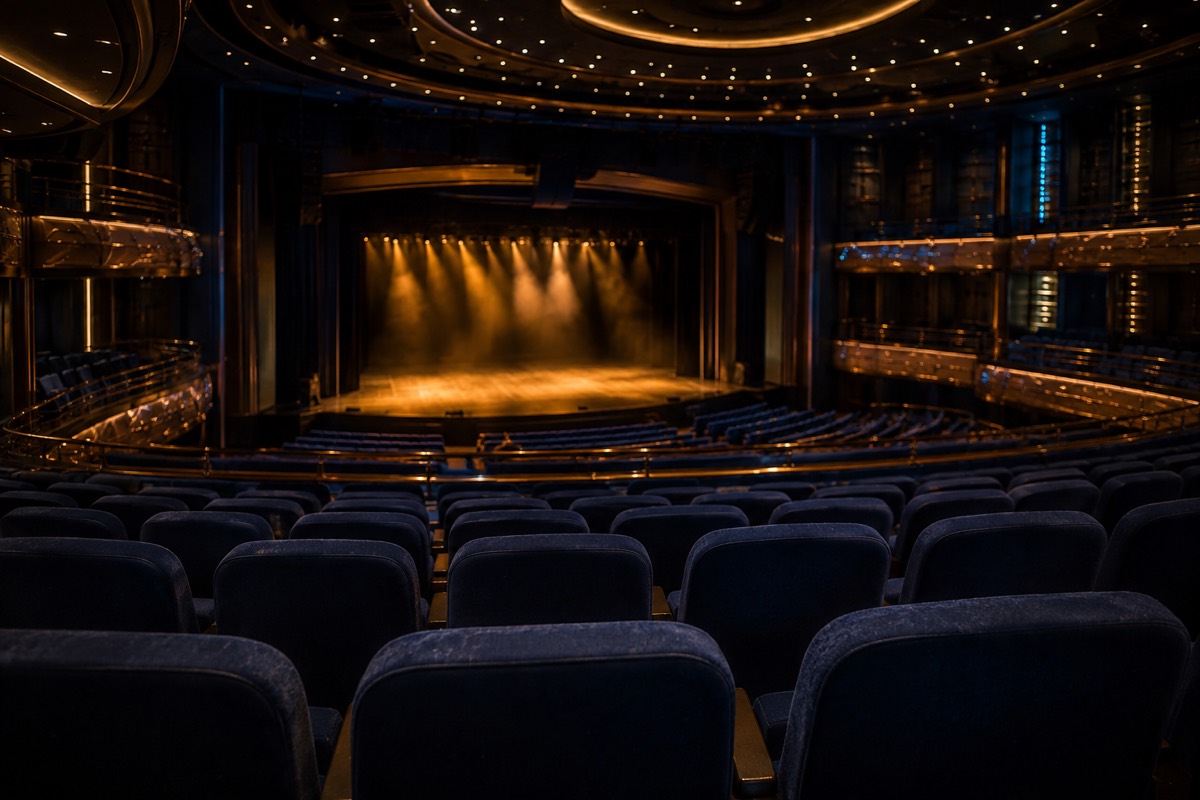 Teatro de navio de cruzeiro com poltronas vazias voltadas para um palco iluminado